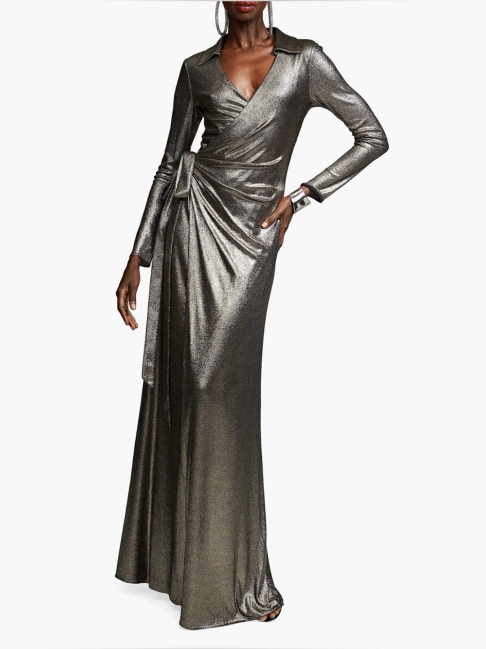 Halston Jira Metallic Jersey Wrap Gown Long Sleeve Light Gold Size 4 NWT